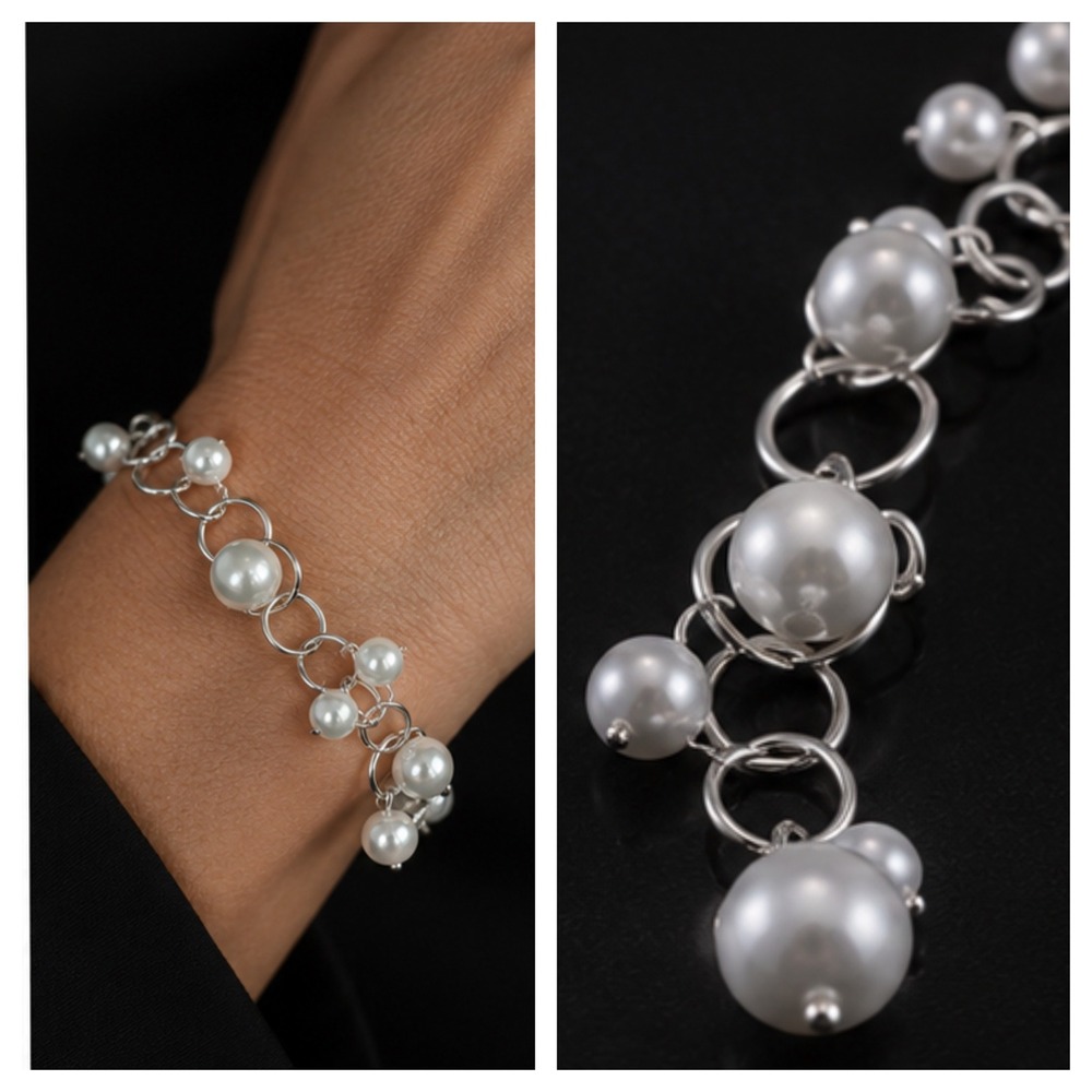 Pearl Hue Beads Charm Bracelet Toggle Ringlink Silver Tone Dangle Elevated Posh